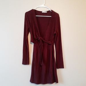 Lush Long Sleeve Ribbed Knee Length Wrap Dress